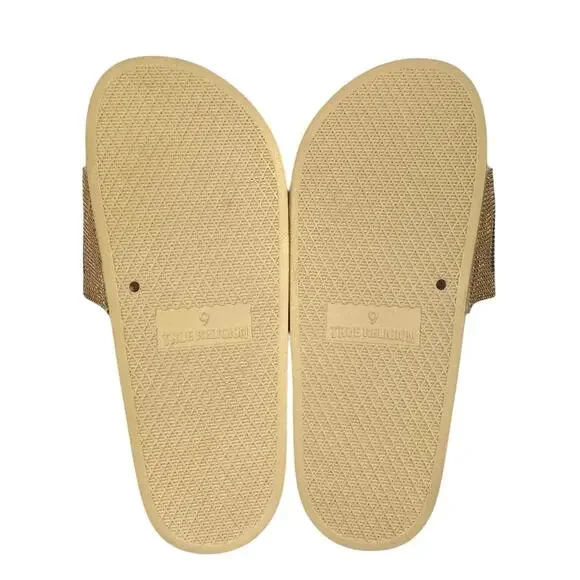 True Religion Jasmin Slide Sandals Gold Bling Rhinestone Studded Spellout - Picture 6 of 7